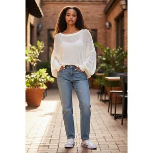 Ee:some White Open Knit Mesh Sweater Pullover Batwing Sleeve Boho Size M